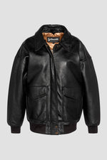 Black leather bomber jacket with fur collar, boyfriend fit - Image n°3