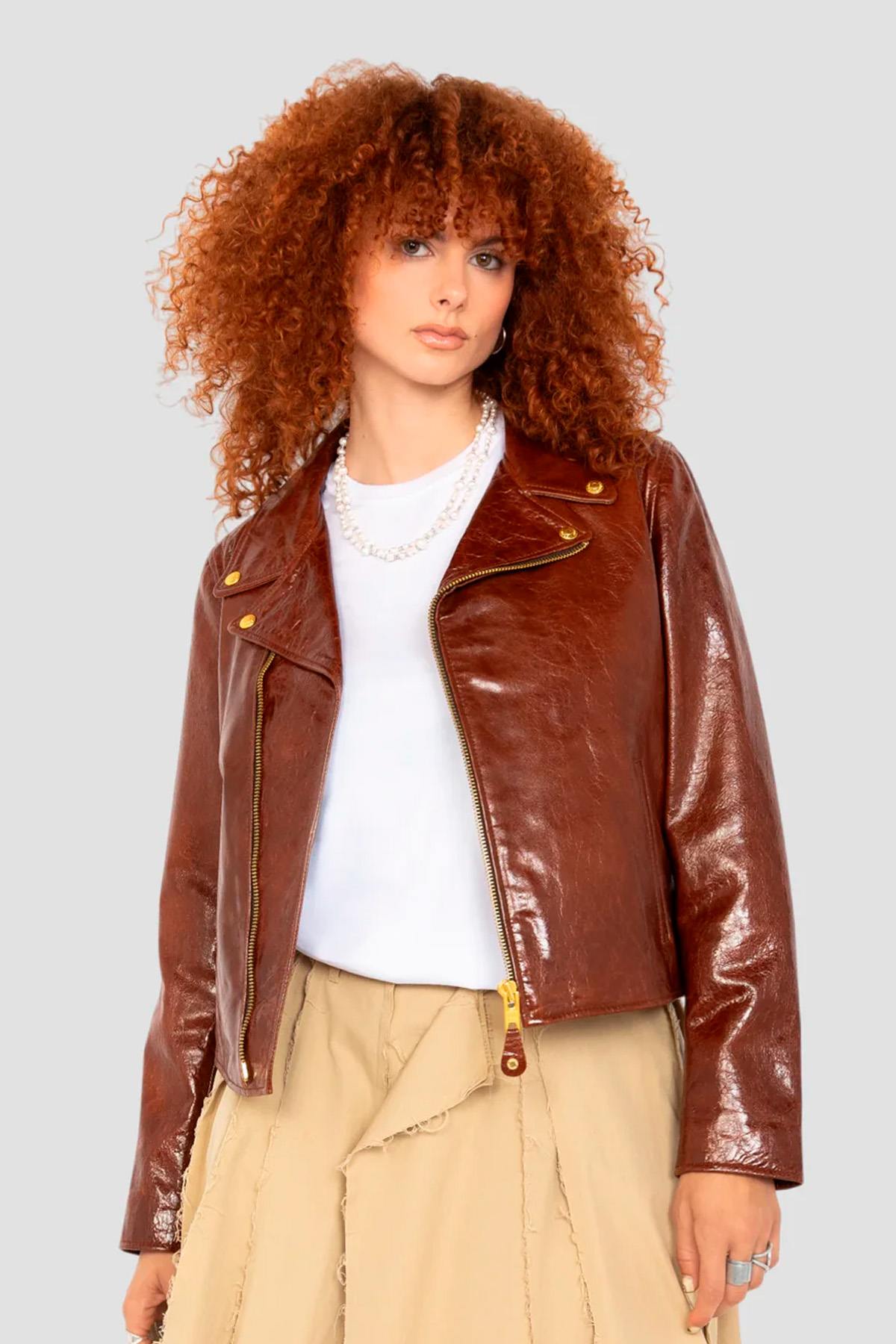 Perfecto in brown patent leather with a crinkled effect - Image n°3