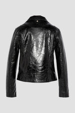 Glossy black lambskin Perfecto by Schott-cracked-effect, asymmetrical. - Image n°2