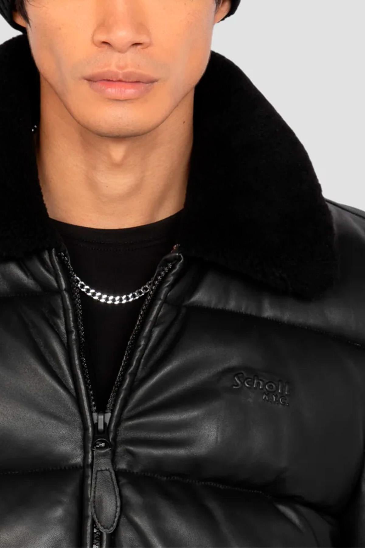 Black leather down jacket with sheepskin aviator collar - Image n°2