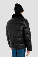 Black leather down jacket with sheepskin aviator collar - Image n°4
