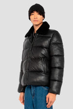 Black leather down jacket with sheepskin aviator collar - Image n°3
