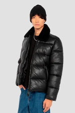 Black leather down jacket with sheepskin aviator collar - Image n°1