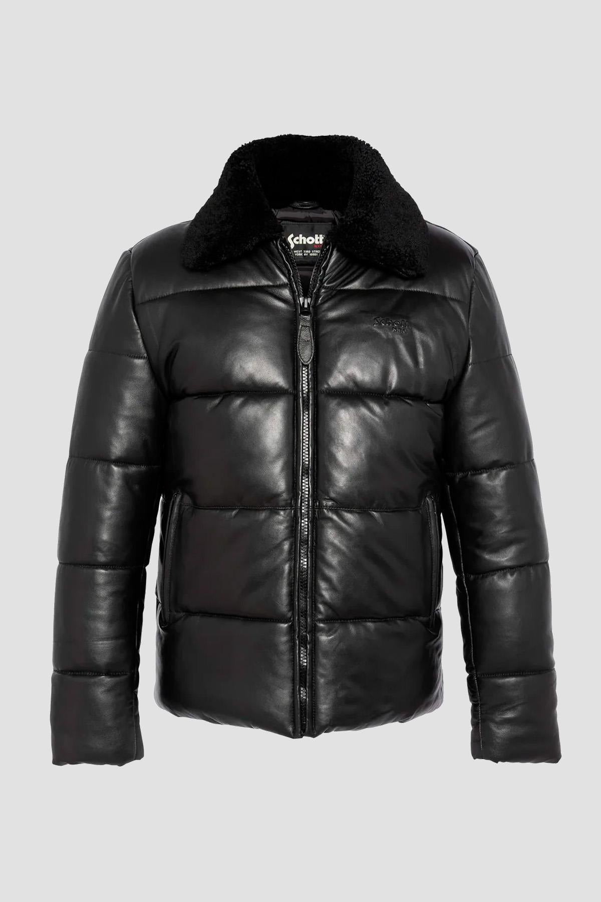 Black leather down jacket with sheepskin aviator collar - Image n°5