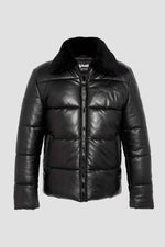 Black leather down jacket with sheepskin aviator collar - Image n°5
