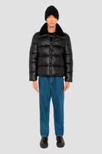 Black leather down jacket with sheepskin aviator collar - Image n°7