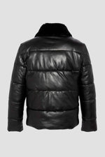 Black leather down jacket with sheepskin aviator collar - Image n°6