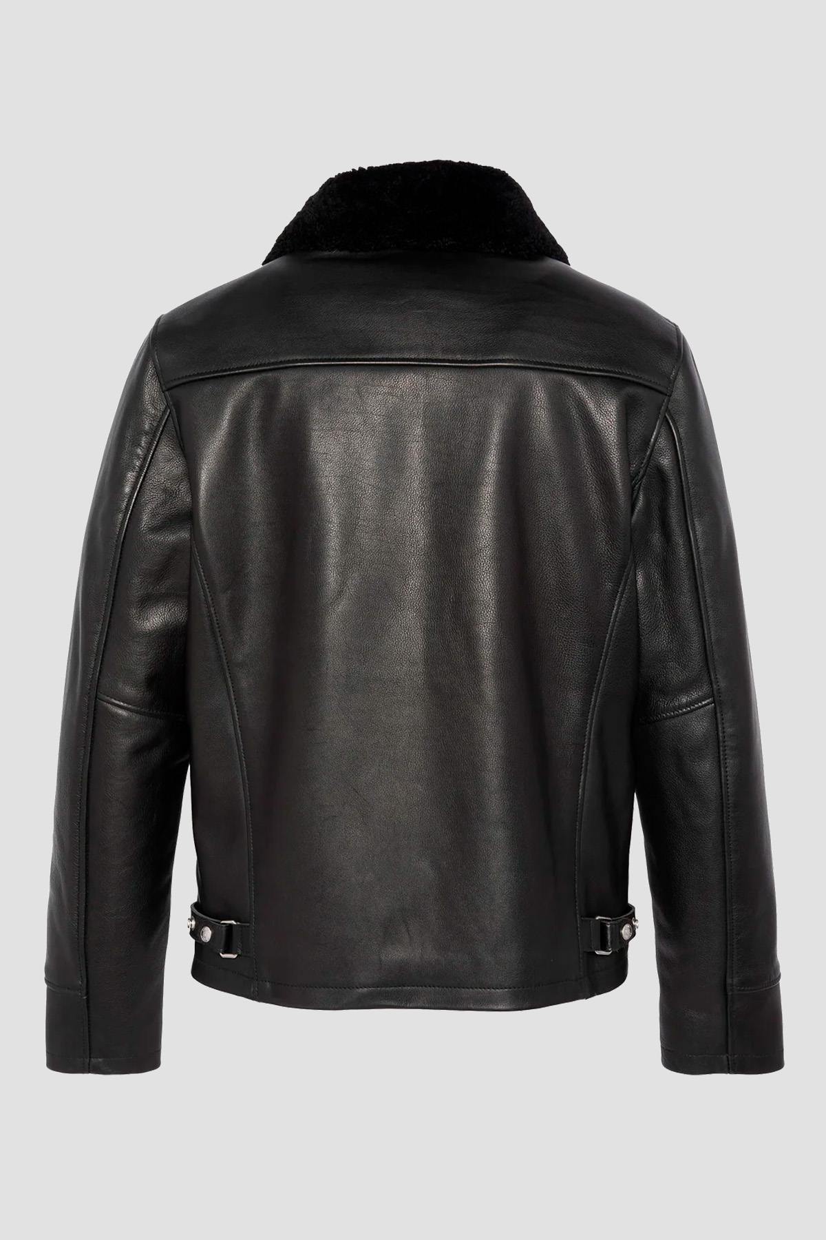 Black leather jacket with fur collar and drawstring strap - Image n°8