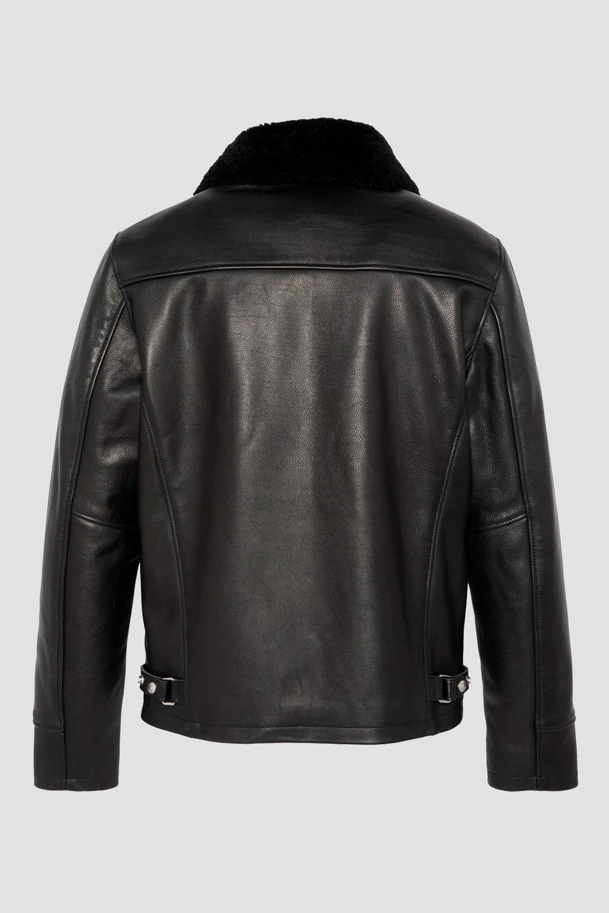 Black leather jacket with fur collar and drawstring strap - Image n°8