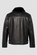 Black leather jacket with fur collar and drawstring strap - Image n°8
