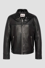 Black leather jacket with fur collar and drawstring strap - Image n°6