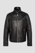 Black leather jacket with fur collar and drawstring strap - Image n°7