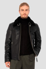 Black leather jacket with fur collar and drawstring strap - Image n°2