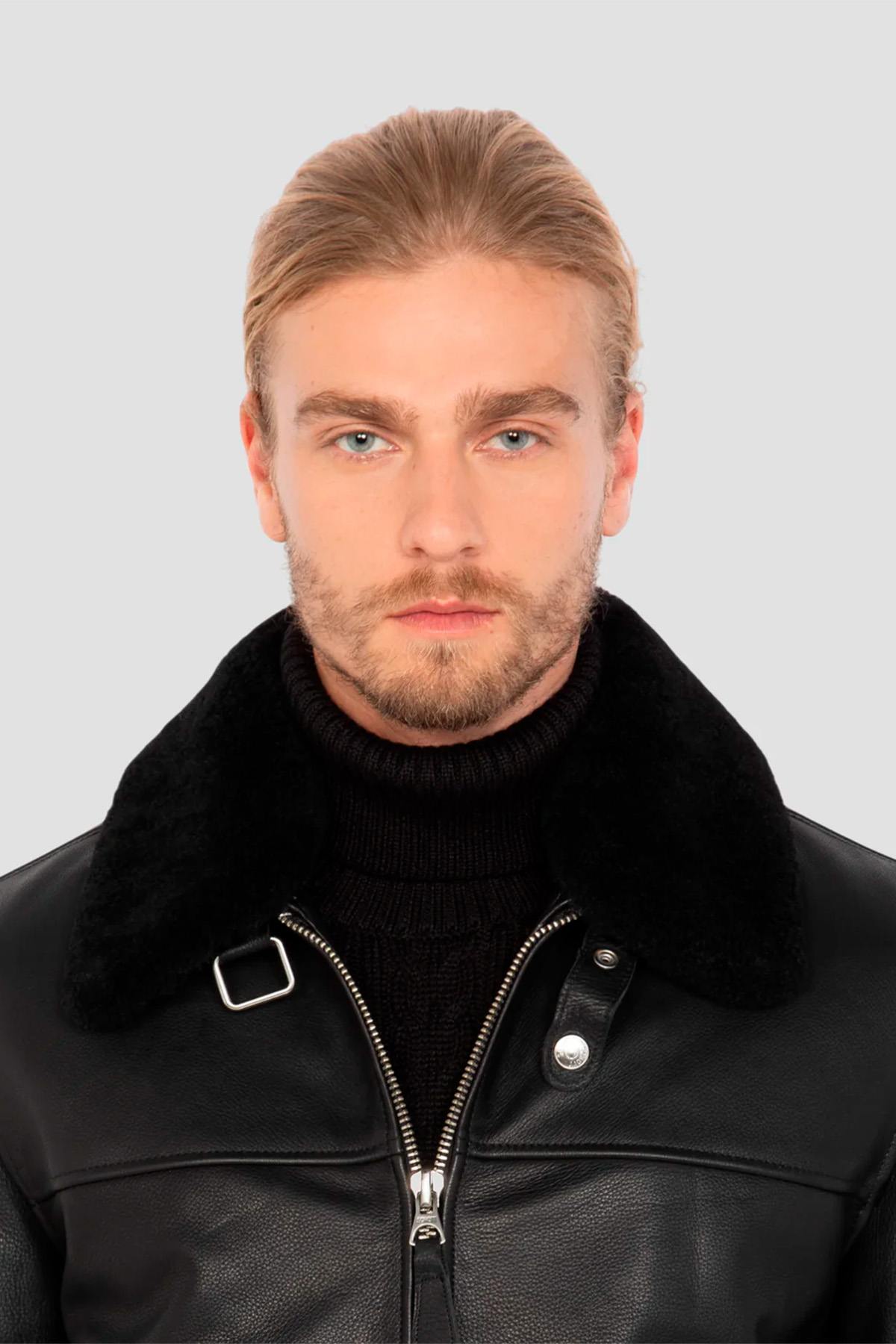 Black leather jacket with fur collar and drawstring strap - Image n°3