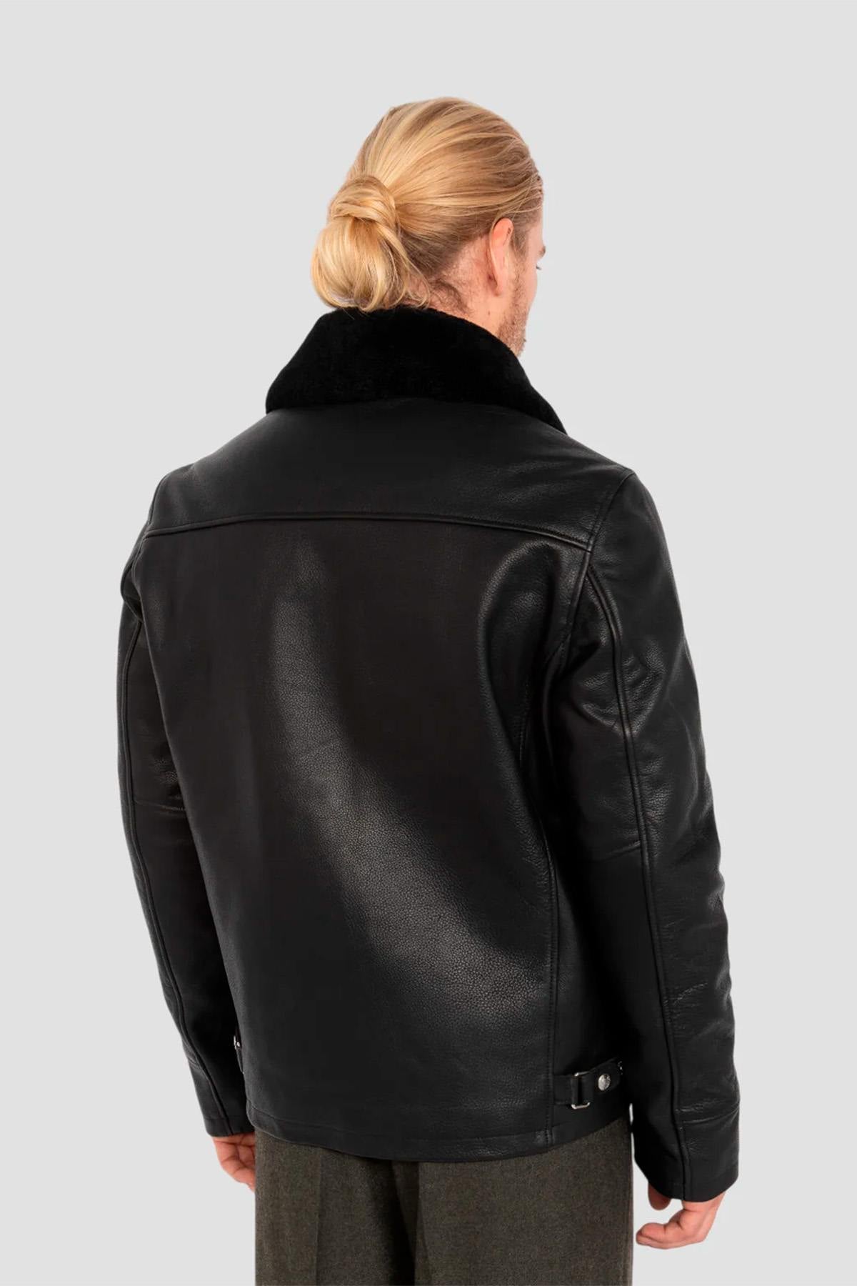 Black leather jacket with fur collar and drawstring strap - Image n°4