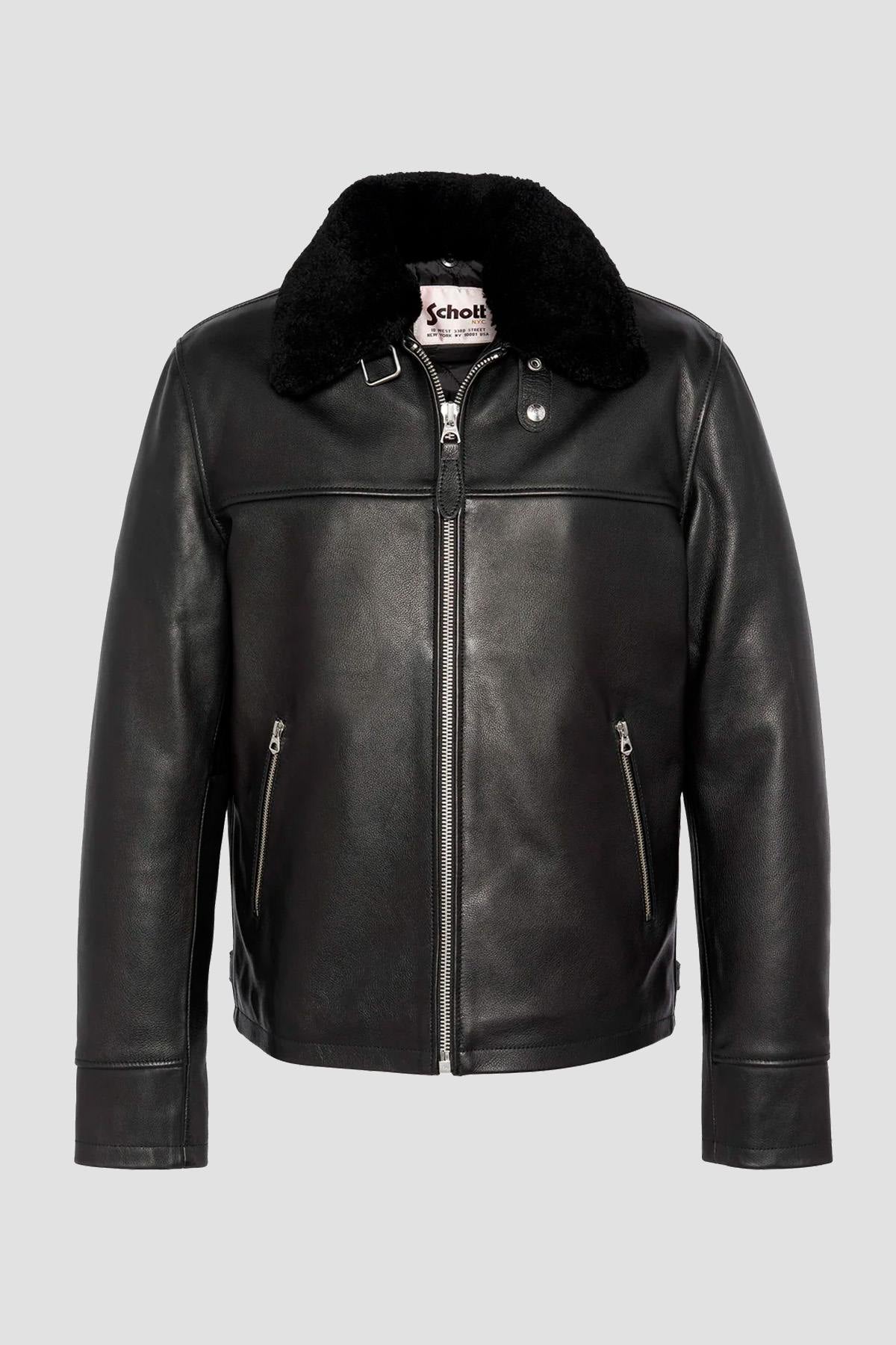 Black leather jacket with fur collar and drawstring strap - Image n°5