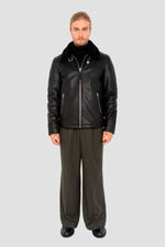 Black leather jacket with fur collar and drawstring strap - Image n°9