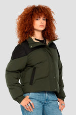 Khaki and black hooded down jacket - Image n°1