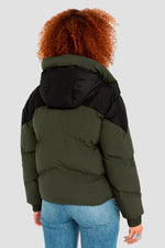 Khaki and black hooded down jacket - Image n°2