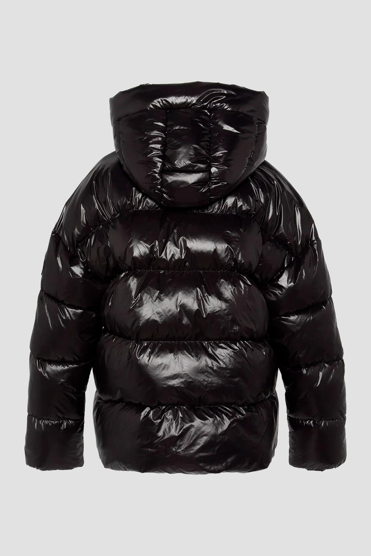 Black oversized hooded down jacket with sleeve patch - Image n°8