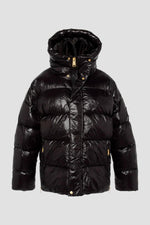 Black oversized hooded down jacket with sleeve patch - Image n°6