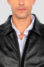 Black leather jacket with shirt collar and flap pockets - Image n°3