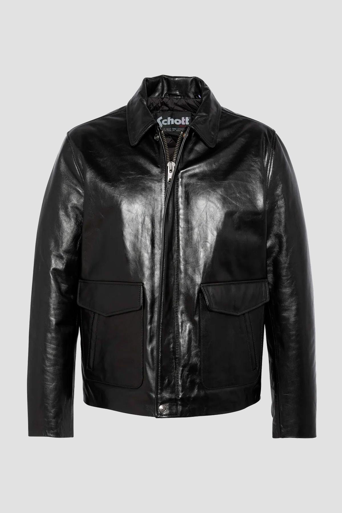 Black leather jacket with shirt collar and flap pockets - Image n°7