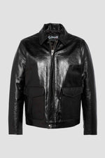 Black leather jacket with shirt collar and flap pockets - Image n°7