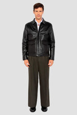 Black leather jacket with shirt collar and flap pockets - Image n°9