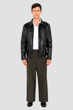 Black leather jacket with shirt collar and flap pockets - Image n°6