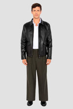 Black leather jacket with shirt collar and flap pockets - Image n°6