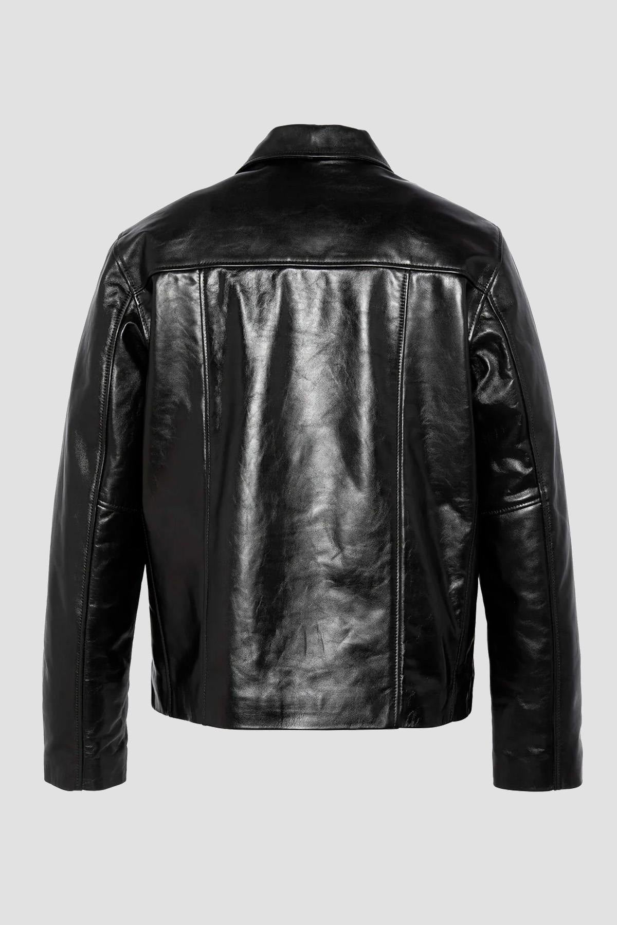 Black leather jacket with shirt collar and flap pockets - Image n°8