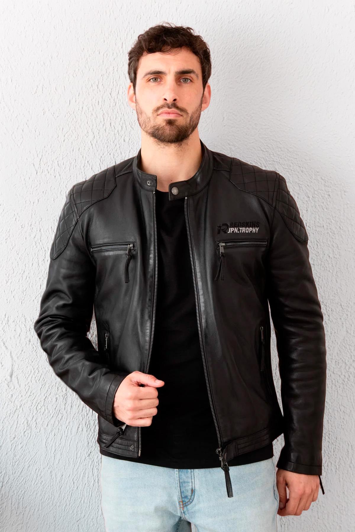 Black leather jacket with biker collar, racing style - Image n°1
