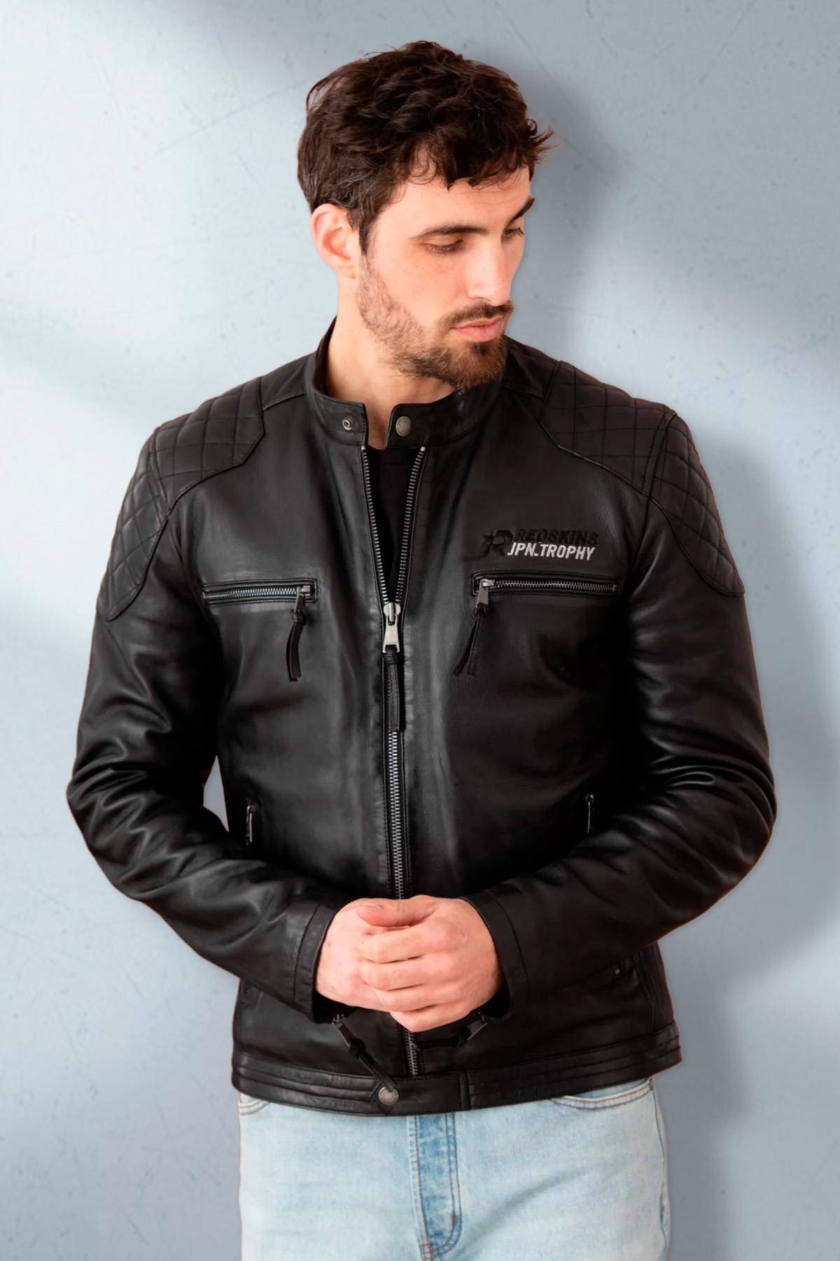 Black leather jacket with biker collar, racing style - Image n°7