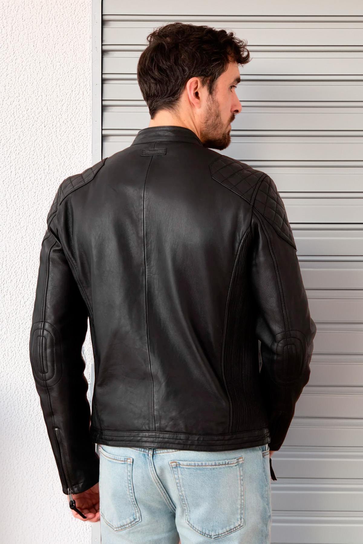 Black leather jacket with biker collar, racing style - Image n°5