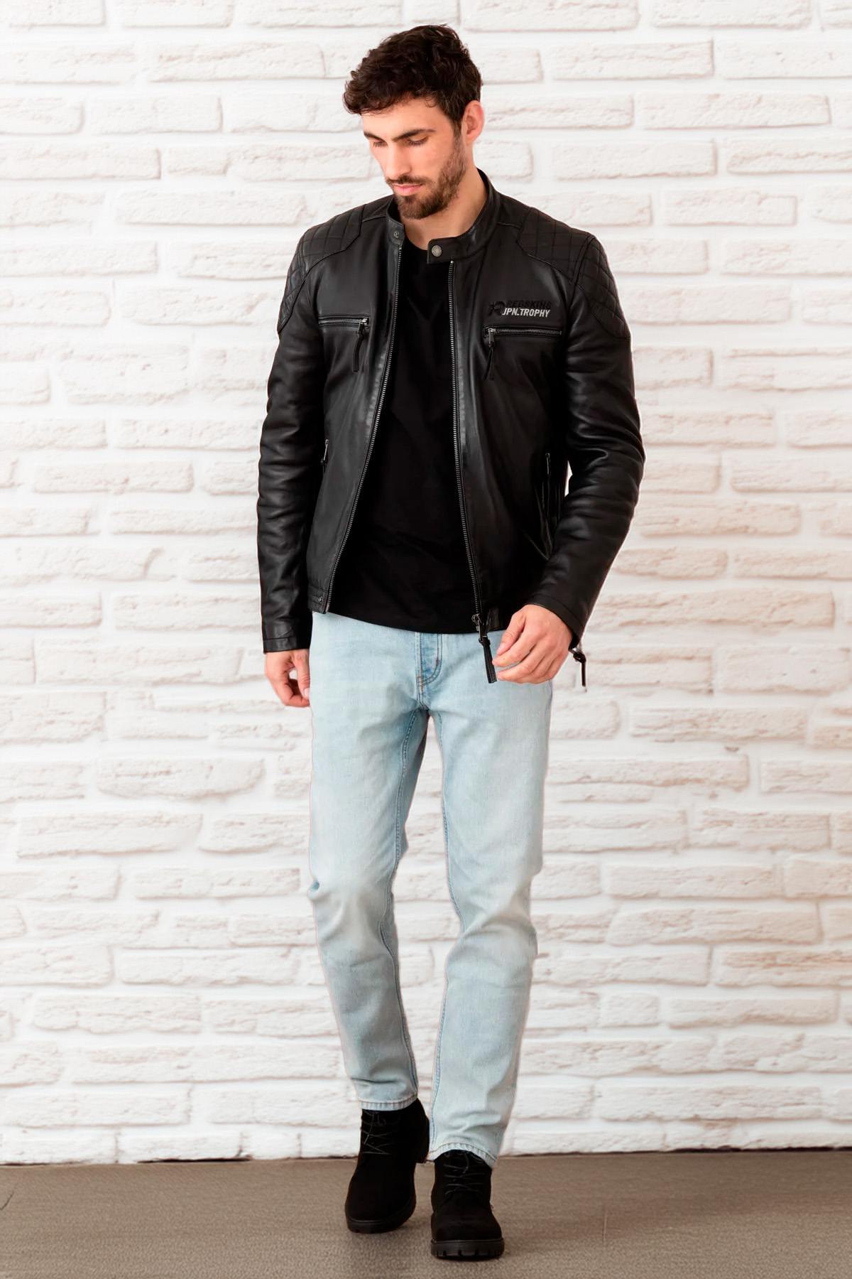 Black leather jacket with biker collar, racing style - Image n°3