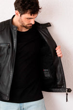 Black leather jacket with biker collar, racing style - Image n°6