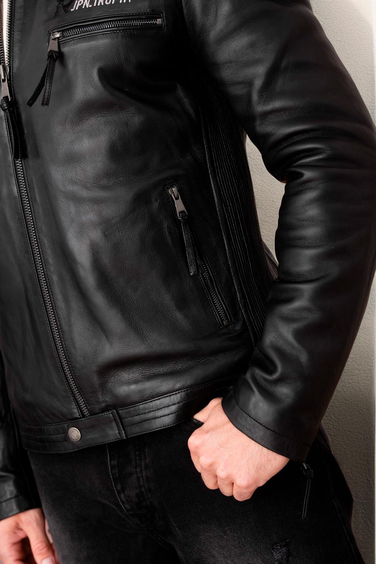 Black leather jacket with biker collar, racing style - Image n°4