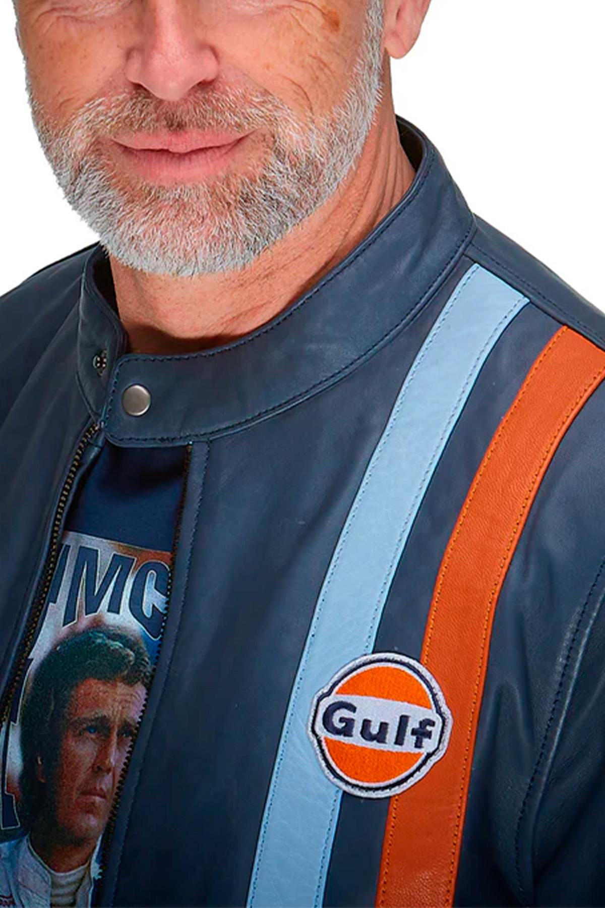 Gulf navy blue biker collar leather jacket - Image n°2