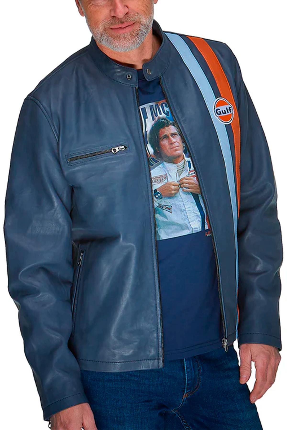 Gulf navy blue biker collar leather jacket - Image n°3