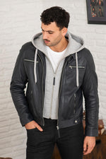 Blue leather jacket with removable gray hood - Image n°7