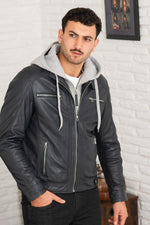 Blue leather jacket with removable gray hood - Image n°2