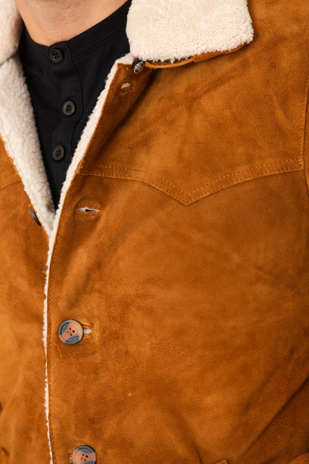 Cognac suede leather jacket with sherpa lining - Image n°4