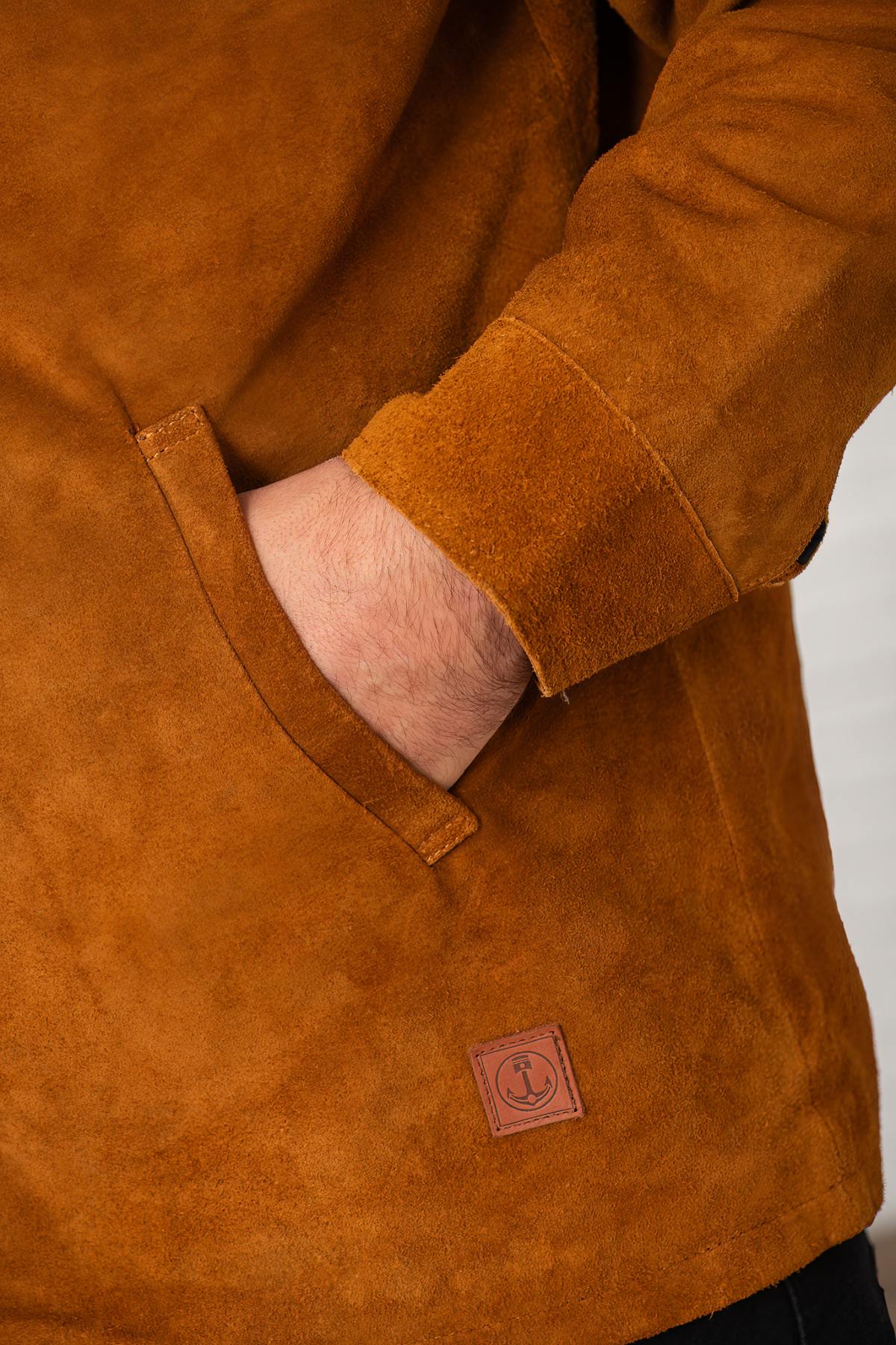 Cognac suede leather jacket with sherpa lining - Image n°5