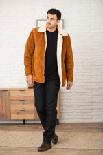 Cognac suede leather jacket with sherpa lining - Image n°3