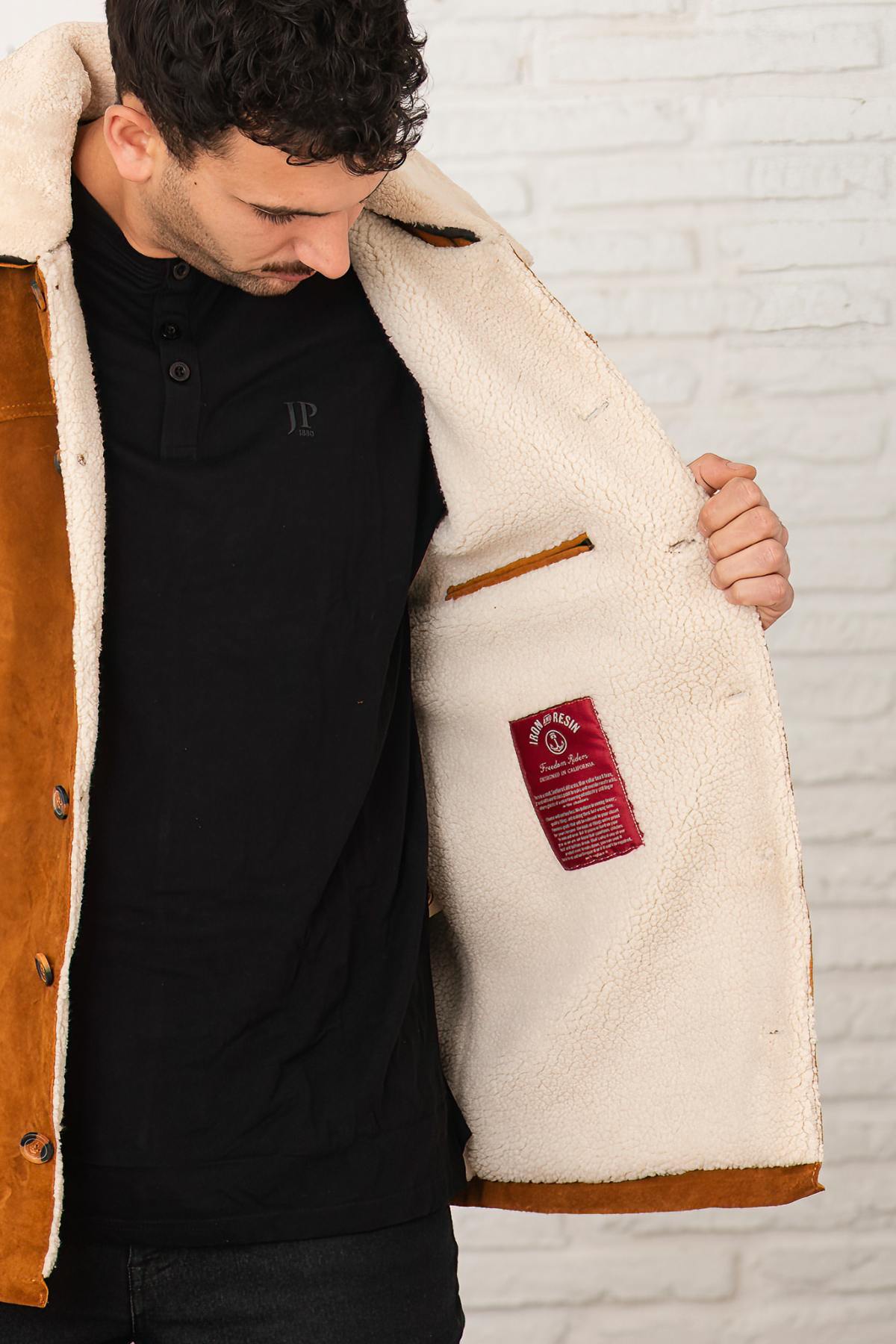 Cognac suede leather jacket with sherpa lining - Image n°6