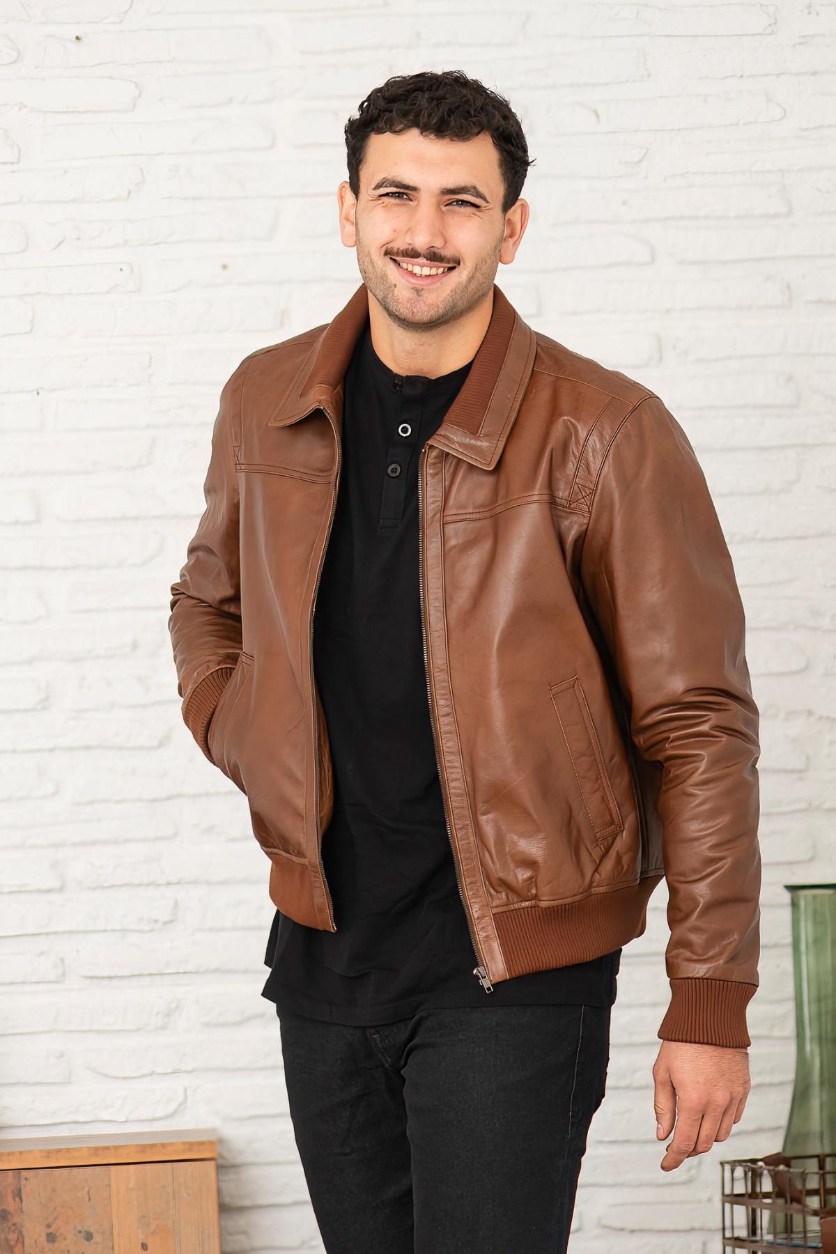 Brown buffalo leather jacket with stand-up collar - Image n°5