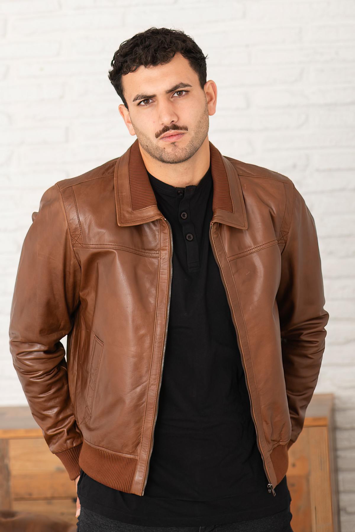 Brown buffalo leather jacket with stand-up collar - Image n°1