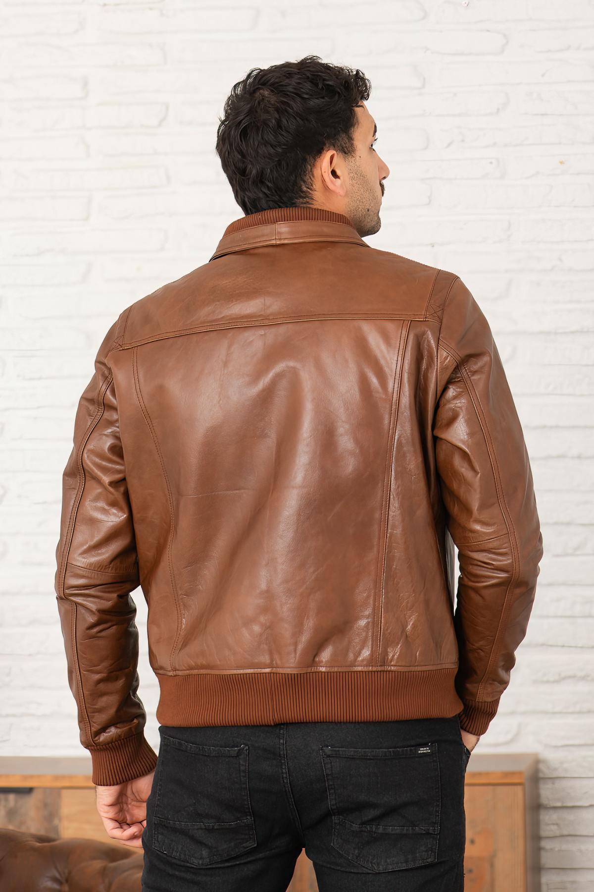 Brown buffalo leather jacket with stand-up collar - Image n°3