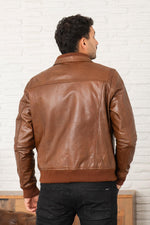 Brown buffalo leather jacket with stand-up collar - Image n°4